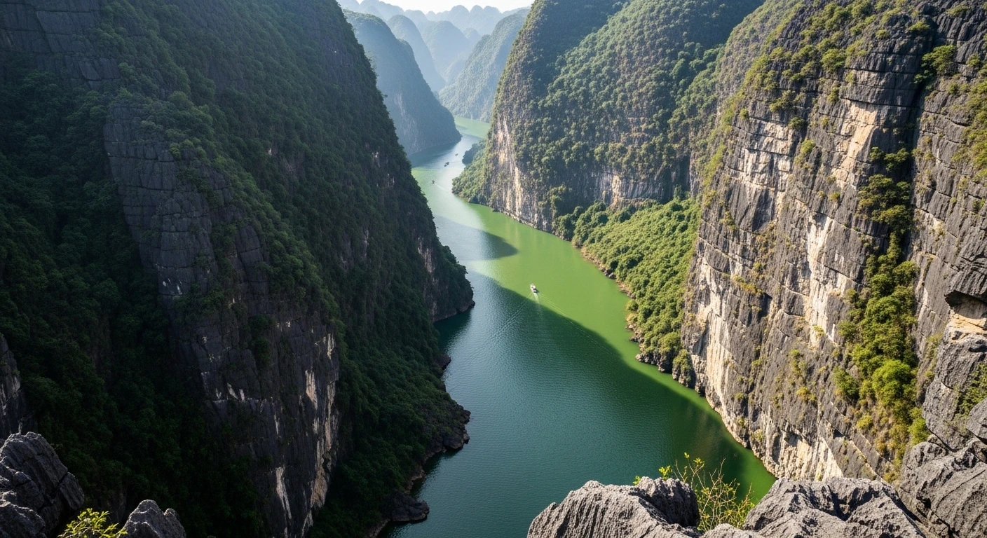 Close-up of the emerald Nho Que River flowing through the deep gorge beneath Ma Pi Leng Pass