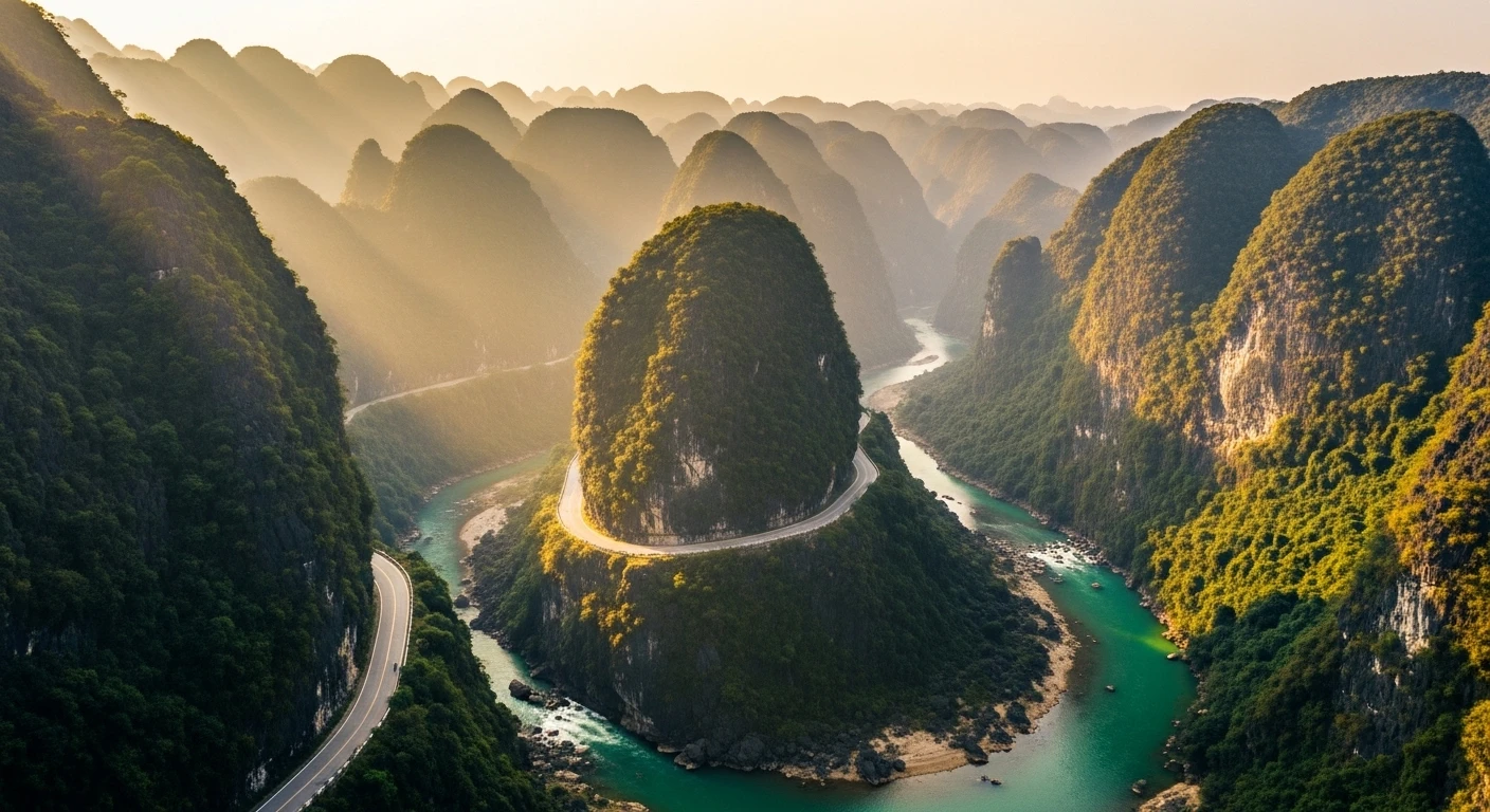 Panoramic view of Ma Pi Leng Pass, Ha Giang, with the Nho Que River winding below