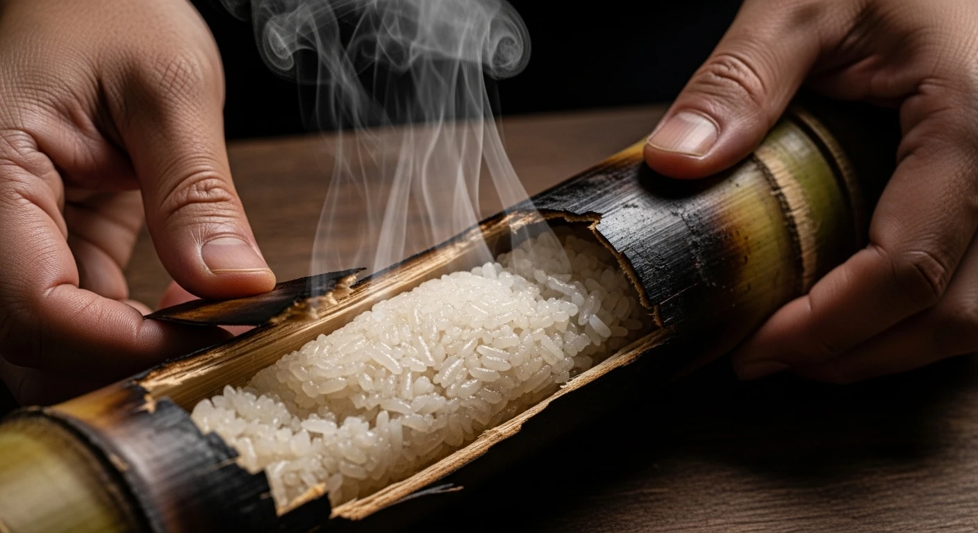Close-up of freshly cooked Com Lam (bamboo sticky rice) being peeled open