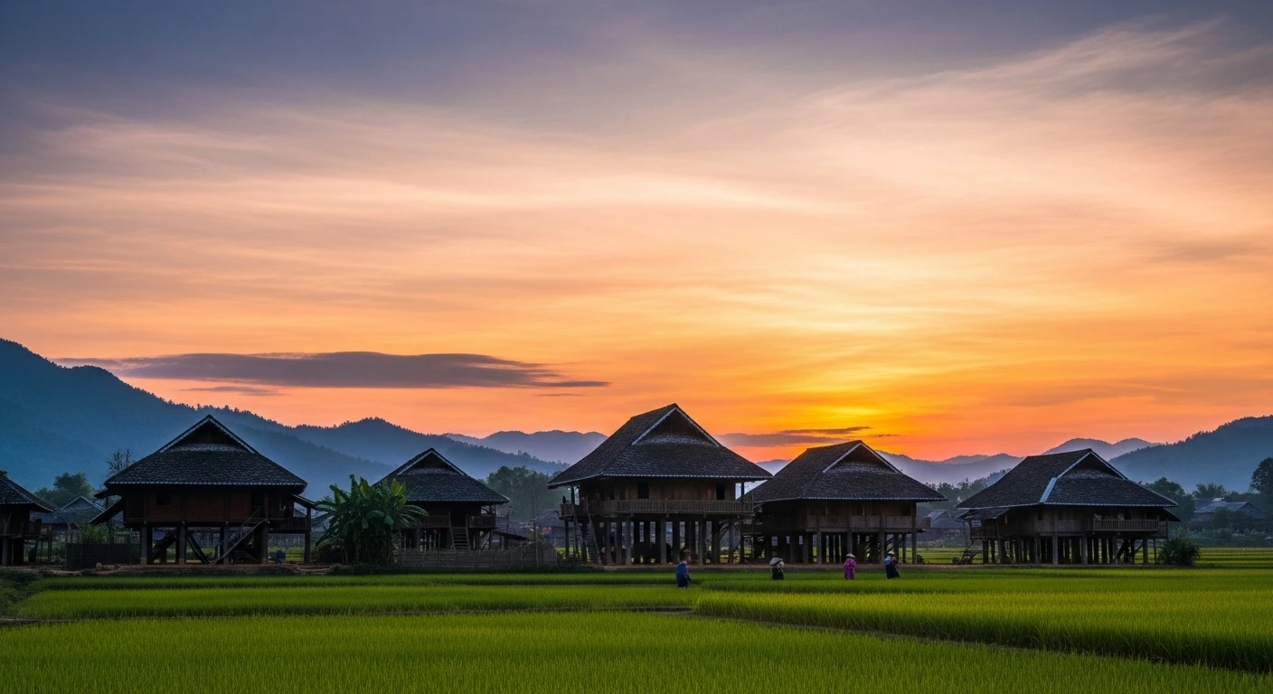 A White Thai village at sunset, with stilt houses silhouetted against a warm, colorful sky
