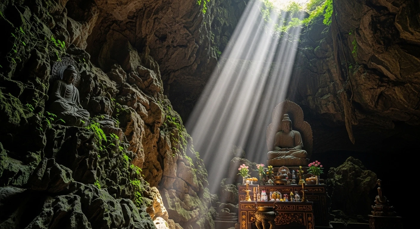 Interior of a cave temple in Marble Mountains, Da Nang, with sunlight streaming through an opening illuminating statues.