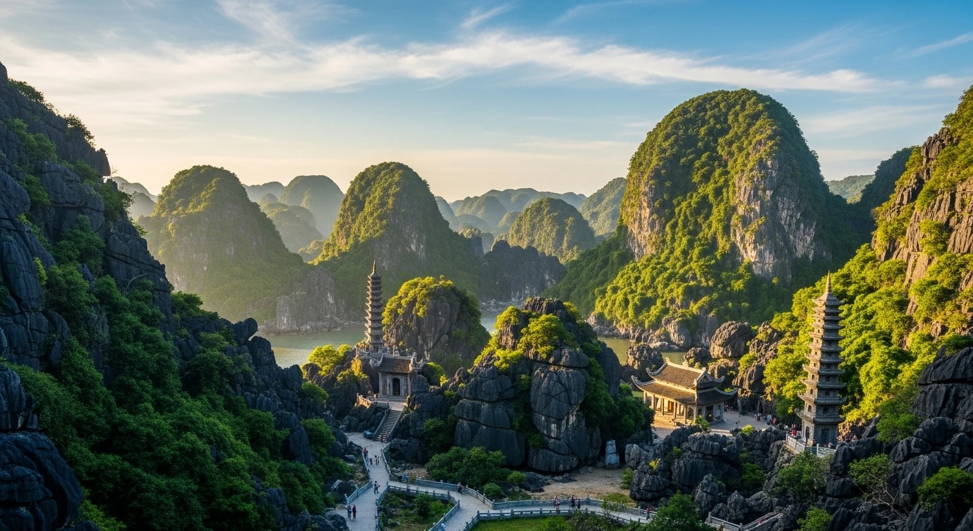 Panoramic view of the Marble Mountains, Vietnam, with lush greenery and ancient temples.