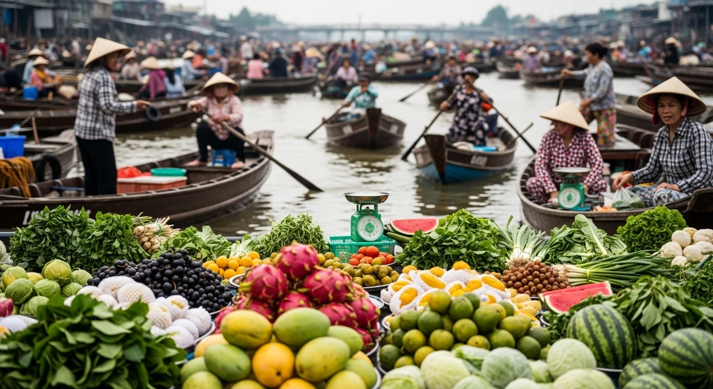 A vibrant scene at Cai Rang Floating Market with numerous boats laden with fruits and produce