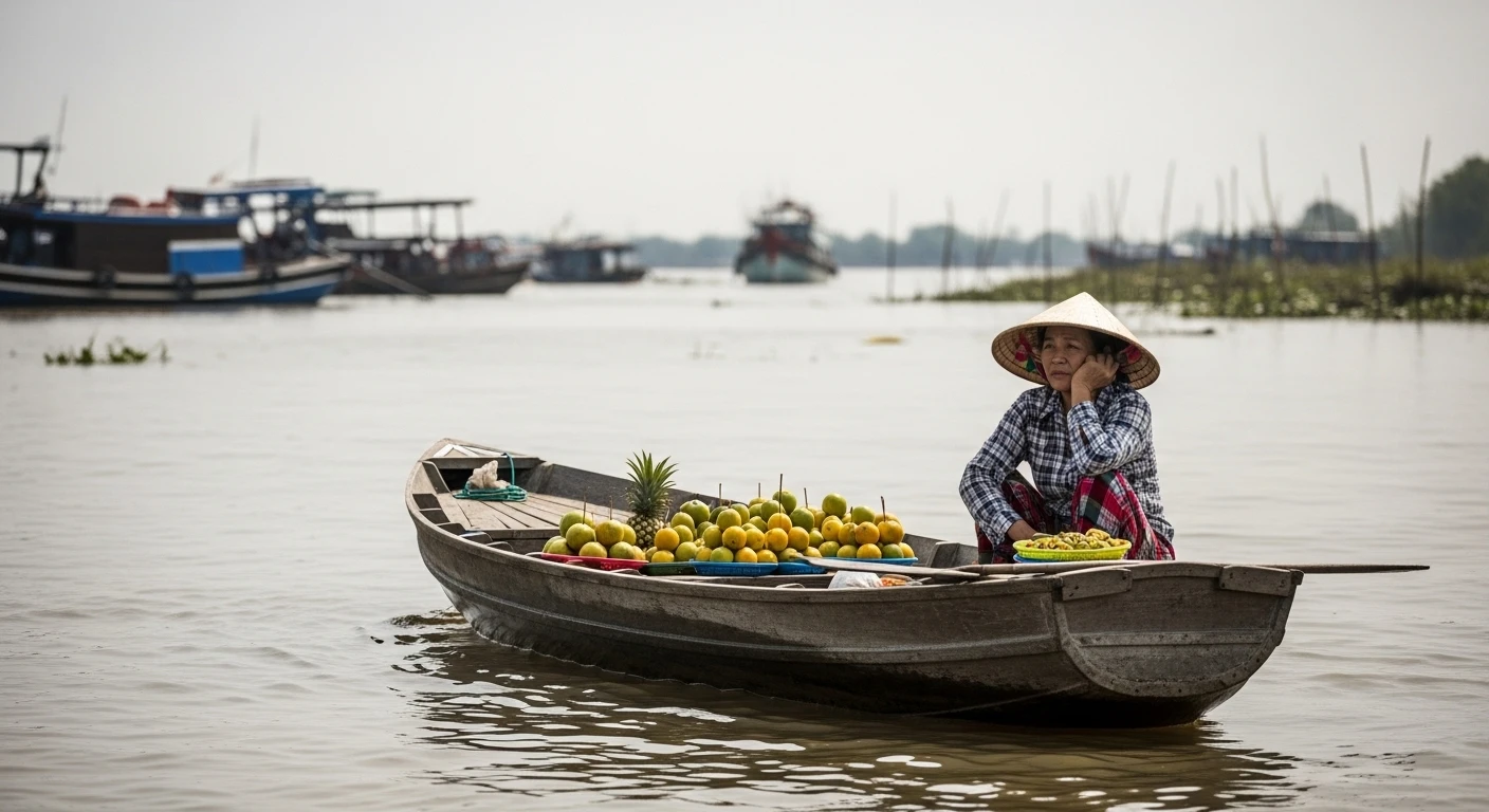 A lone fruit vendor in a small sampan, a contrast to larger boats in the background