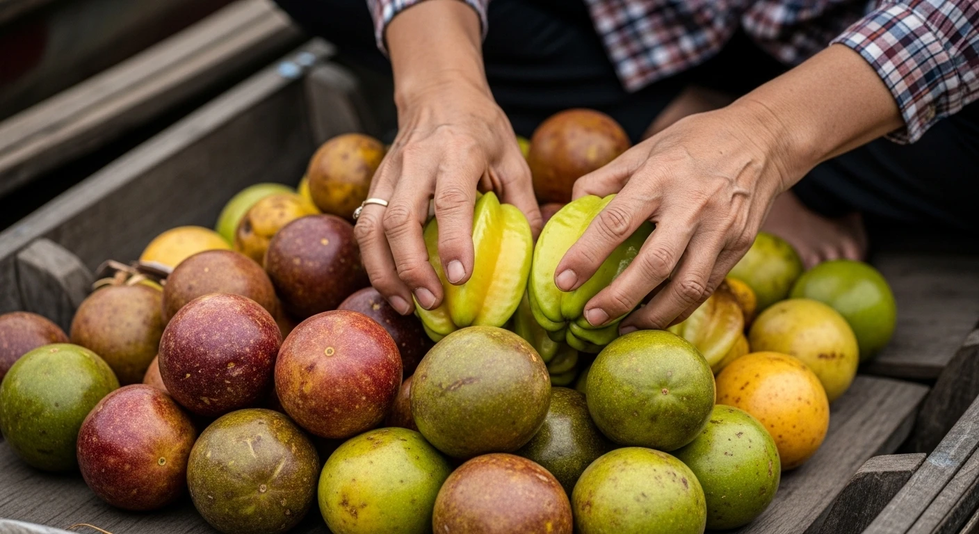 A close-up of a vendor's hands arranging colorful fruits on their boat