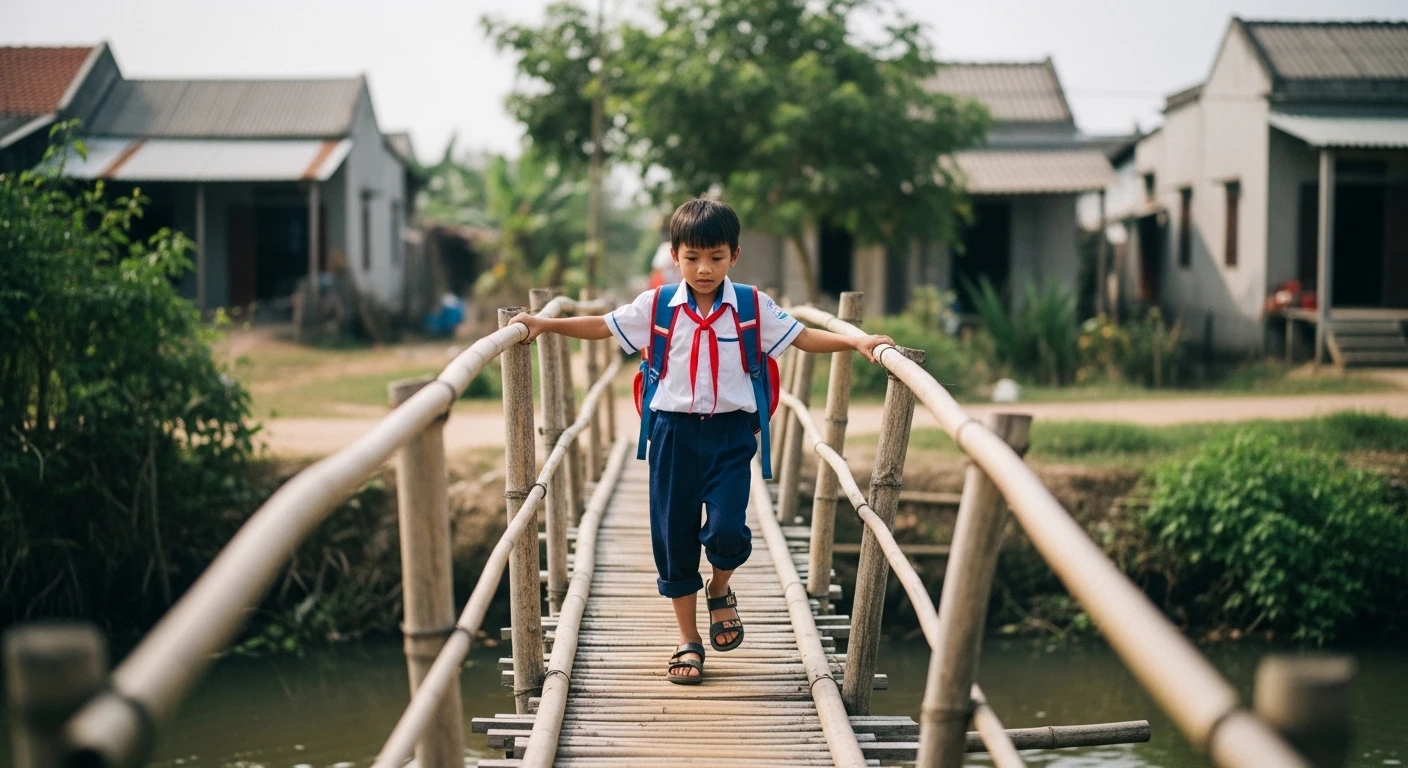 A young Vietnamese child confidently crossing a monkey bridge with a small basket
