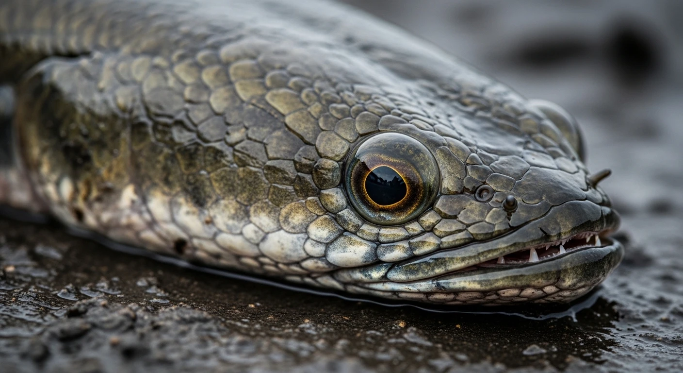Close-up of a snakehead fish's head, showing its distinctive scales and mouth