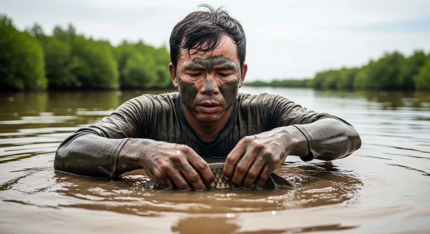 A Vietnamese fisherman, covered in mud, holding a large snakehead fish he just caught by hand