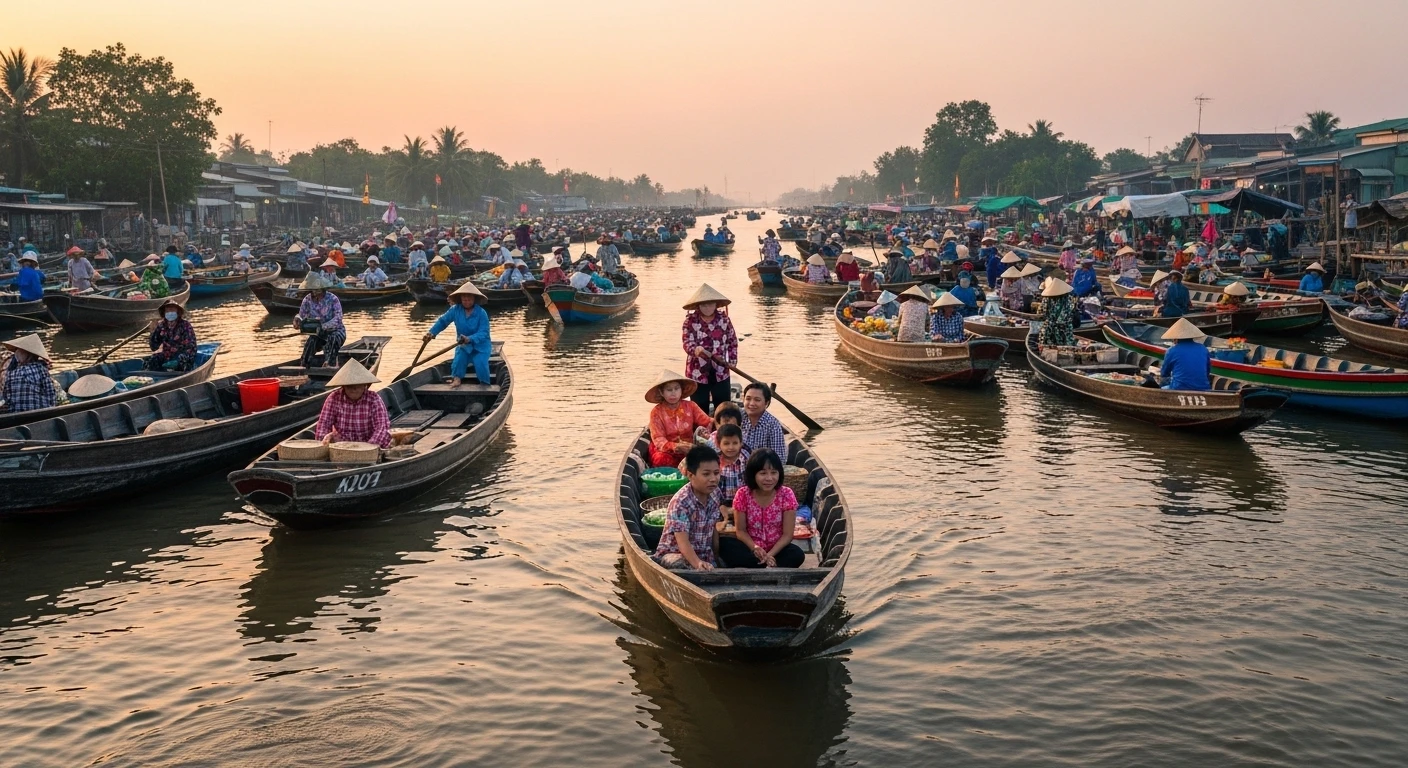 A traditional wooden sampan boat laden with goods and a family on board, navigating a Mekong Delta canal