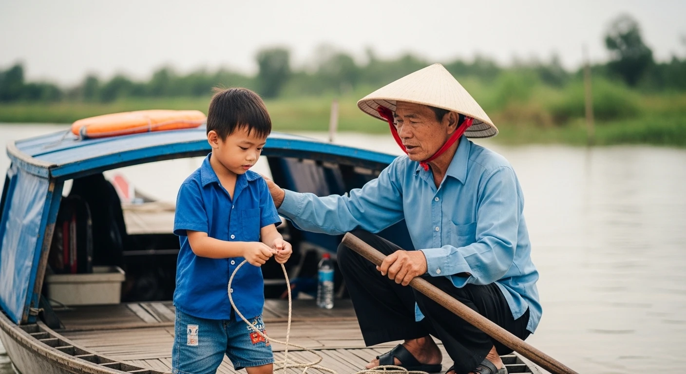 A young Vietnamese boy on a sampan boat learning to steer or tie knots under the watchful eye of an elder