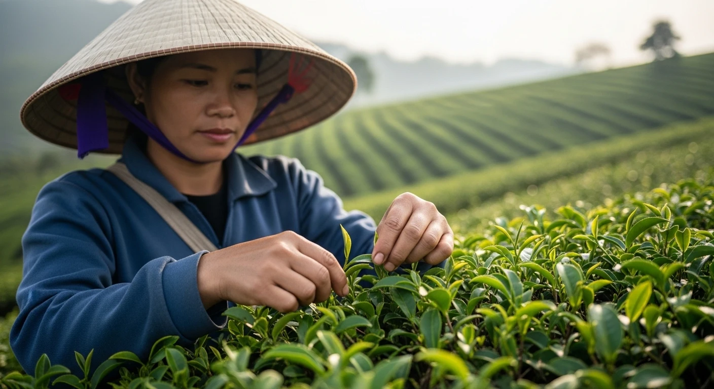 A close-up of tea leaves being harvested by hand in Moc Chau, Vietnam