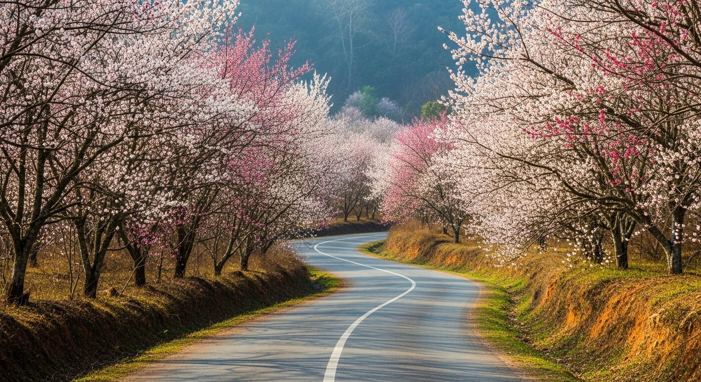 A winding road through a plum orchard in bloom on Moc Chau Plateau, Vietnam