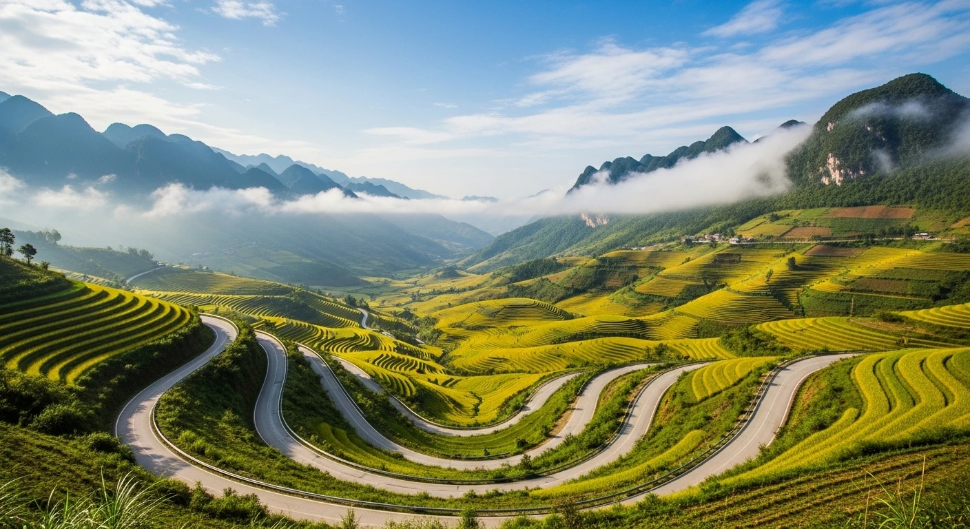 View from Khau Pha Pass showing winding roads, lush mountains, and distant golden rice terraces.