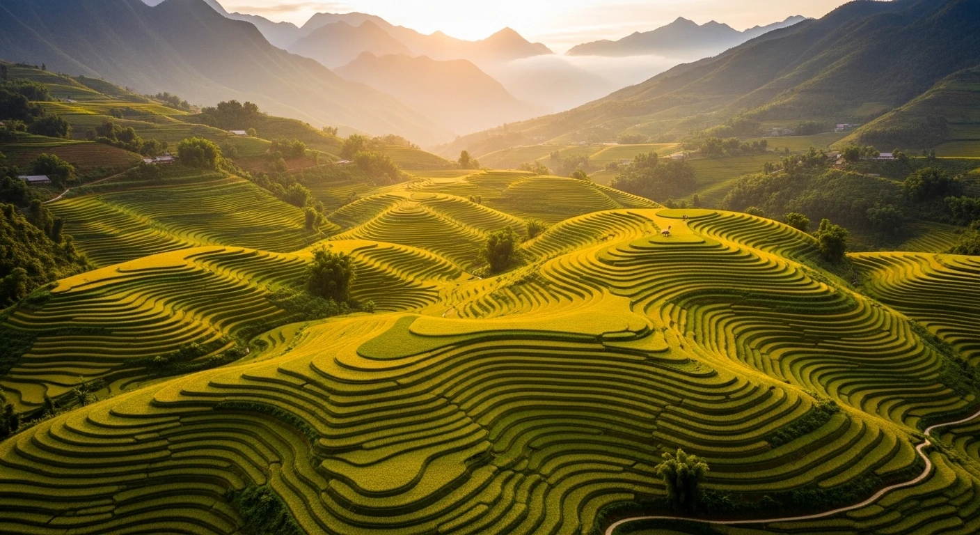 Expansive golden rice terraces cascading down a mountainside in Mu Cang Chai, Vietnam, under a clear blue sky.