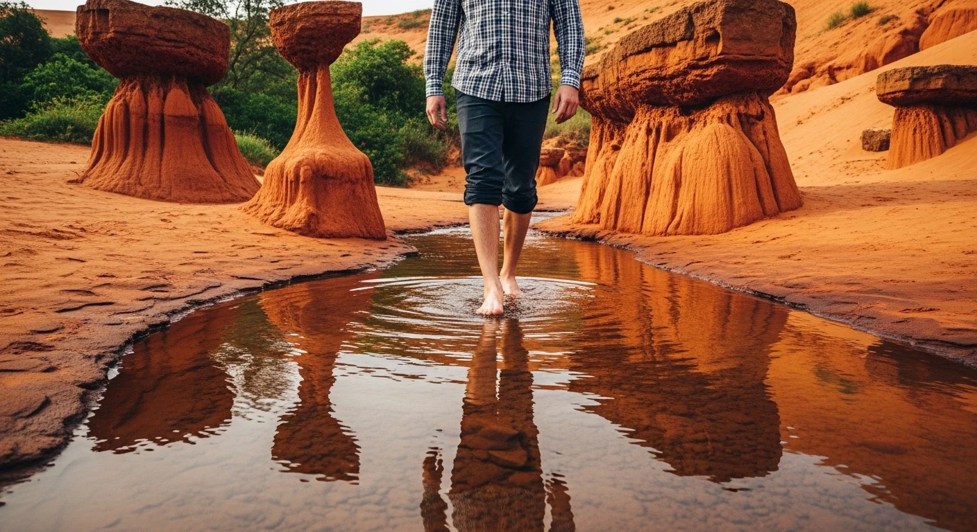 A person walking barefoot through the shallow Fairy Stream with red rock formations and vegetation