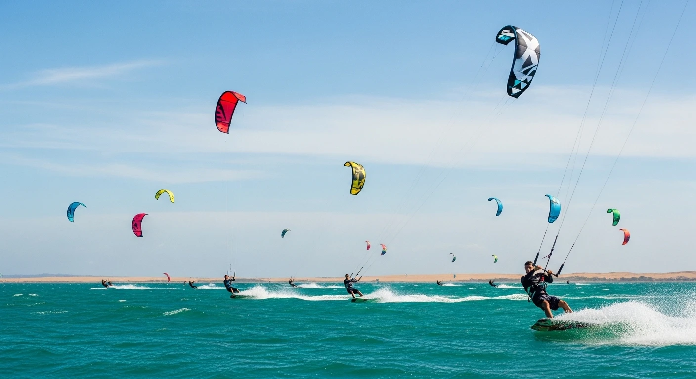 Kite surfers catching wind on the water in Mui Ne