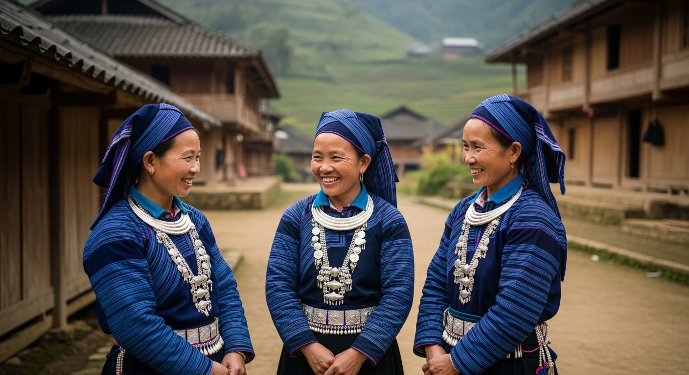 A group of Black Hmong women in traditional indigo clothing, smiling and gathered in a village setting