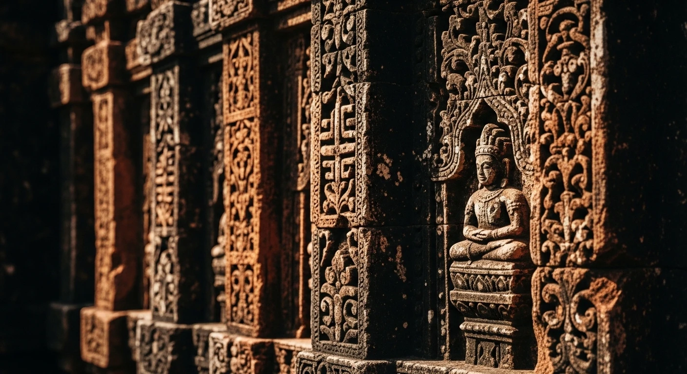 Close-up of intricate Cham carvings on a red-brick wall at My Son Sanctuary.