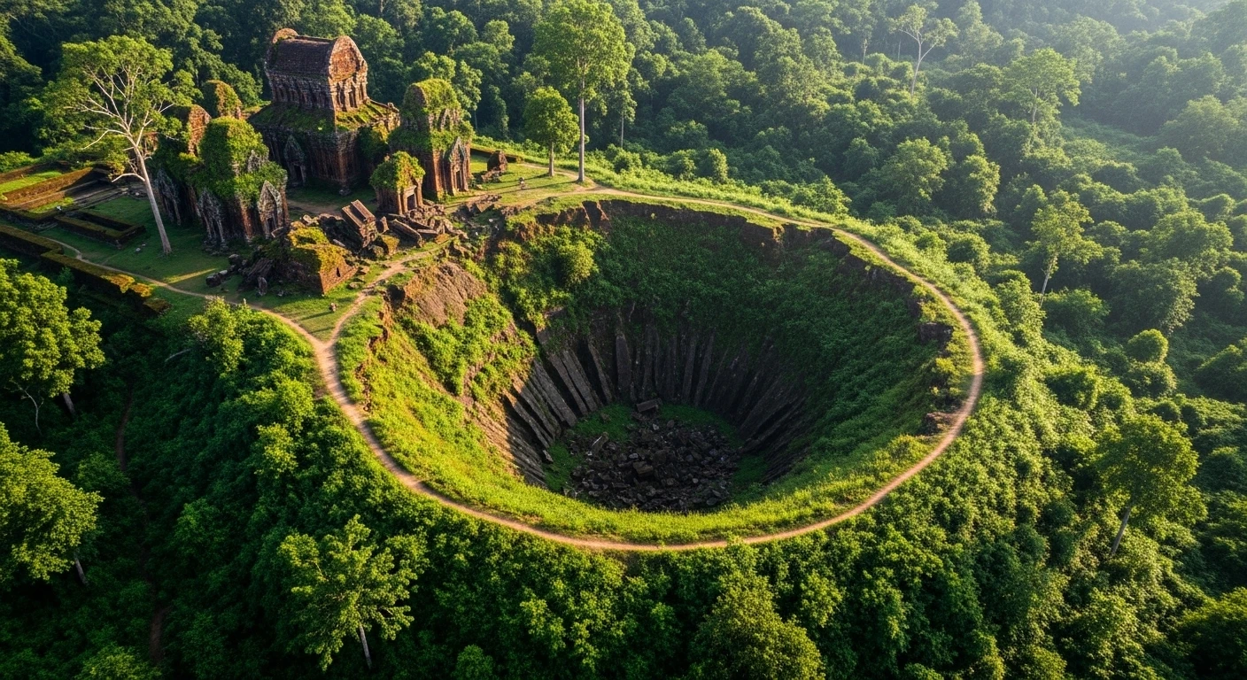 A bomb crater visible within the overgrown ruins of My Son Sanctuary.