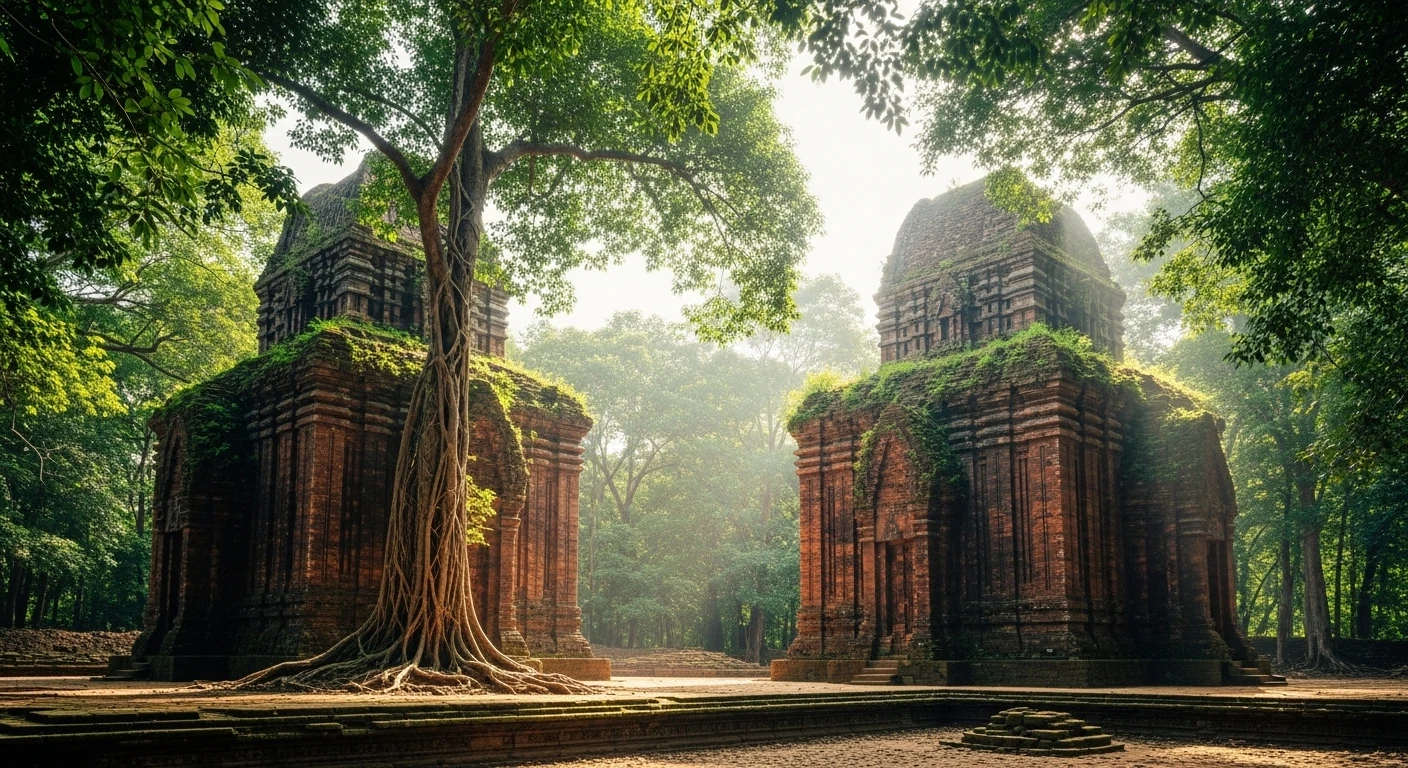A view of the red-brick towers of My Son Sanctuary emerging from dense jungle foliage.
