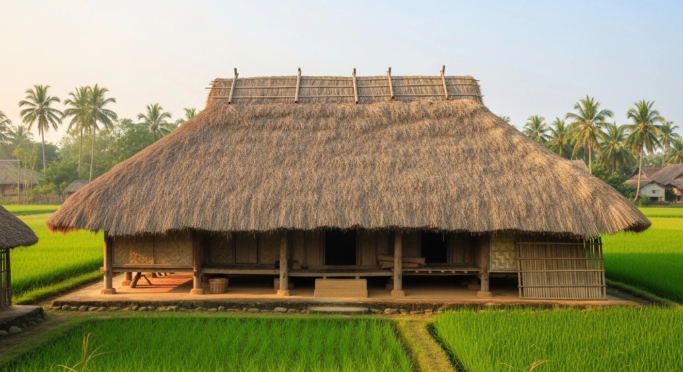 A humble thatched-roof house in a rural Vietnamese village, reminiscent of Sen Village.
