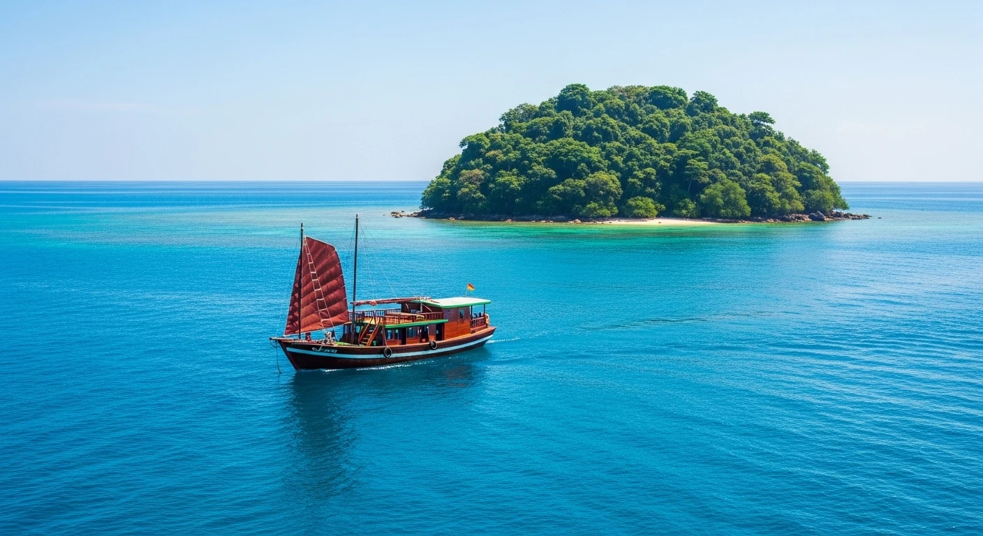 A traditional Vietnamese boat sailing towards a lush green island in the clear blue sea