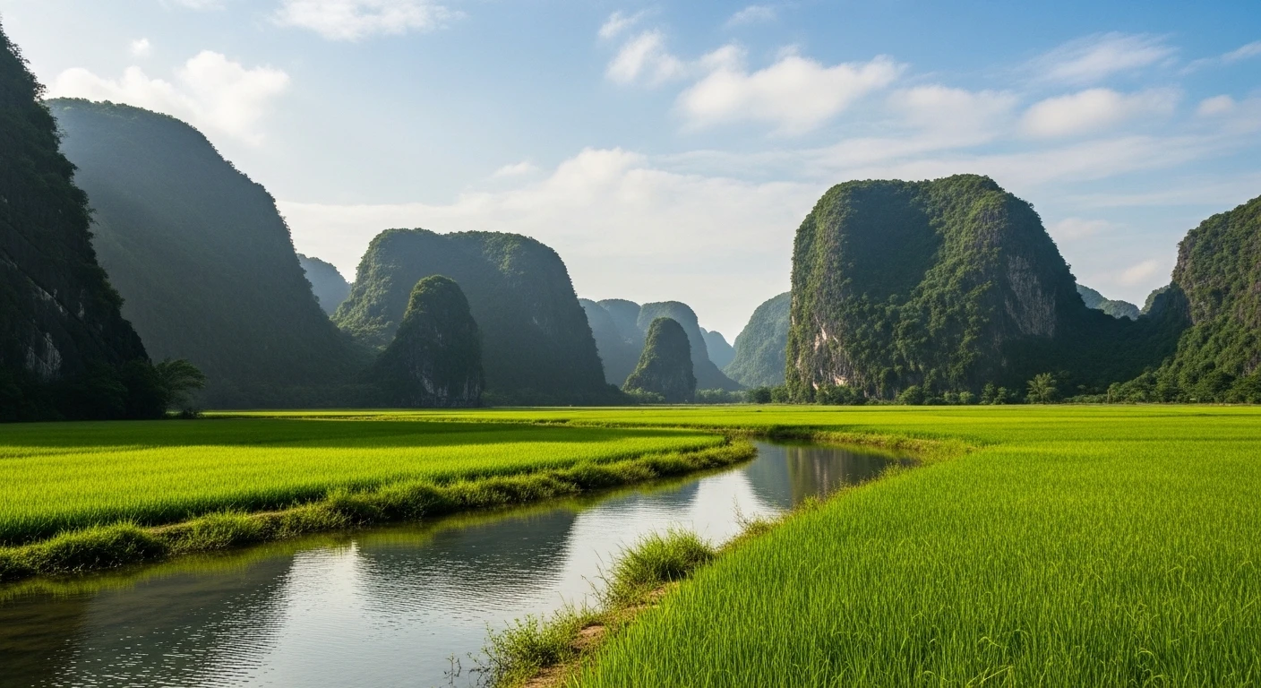 A scenic view of Trang An Landscape Complex with karst mountains and a river.