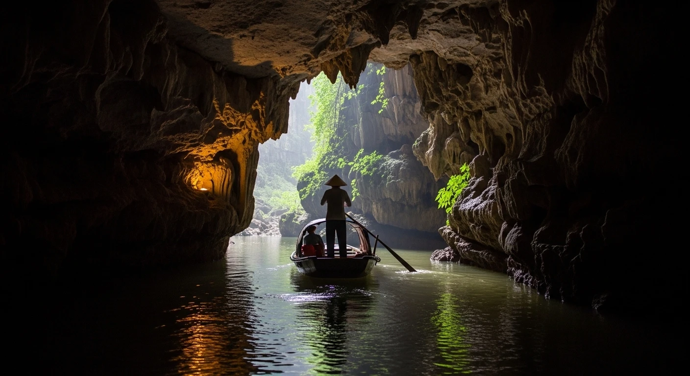 A traditional Vietnamese sampan boat navigating through a low, illuminated cave in Trang An.