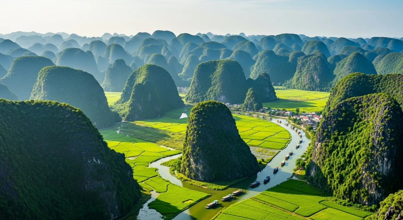 Panoramic view from Hang Mua peak showing Ninh Binh's karst landscape and Tam Coc river.