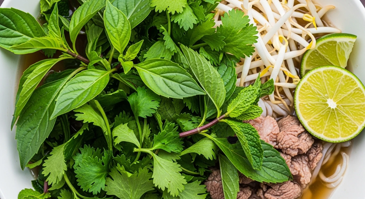 A close-up of a bowl of Pho with a generous assortment of fresh herbs, bean sprouts, and lime wedges