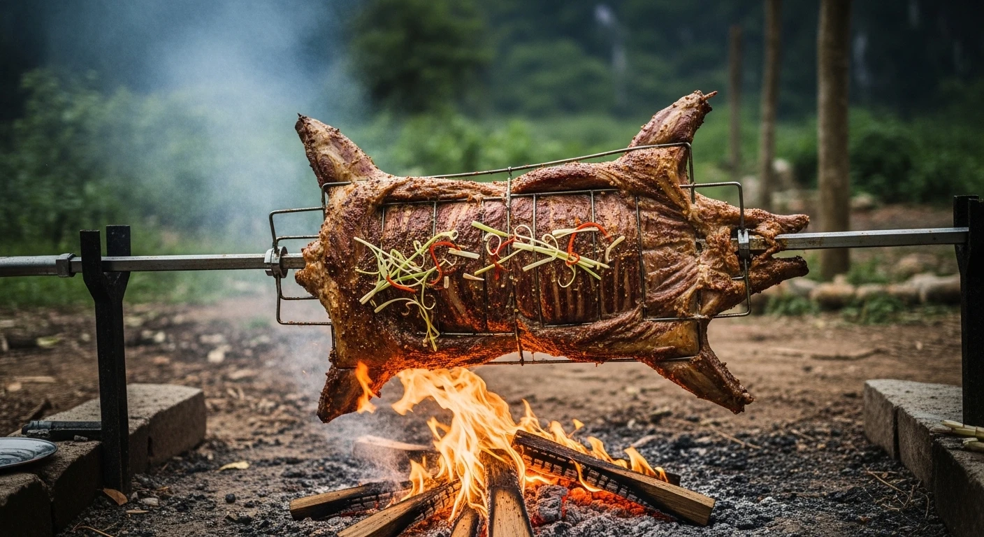 A whole wild boar being spit-roasted over an open fire, with flames licking the seasoned meat