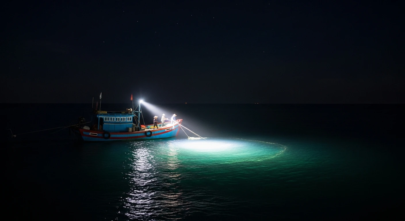 A small fishing boat illuminated by a bright light at night, with silhouetted figures preparing to fish for squid