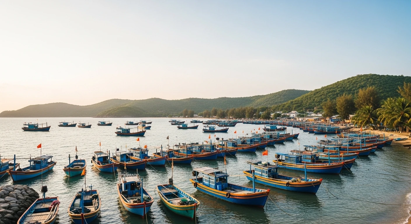 A panoramic view of Ganh Dau fishing village in Phu Quoc, showing small boats docked near a serene coastline.