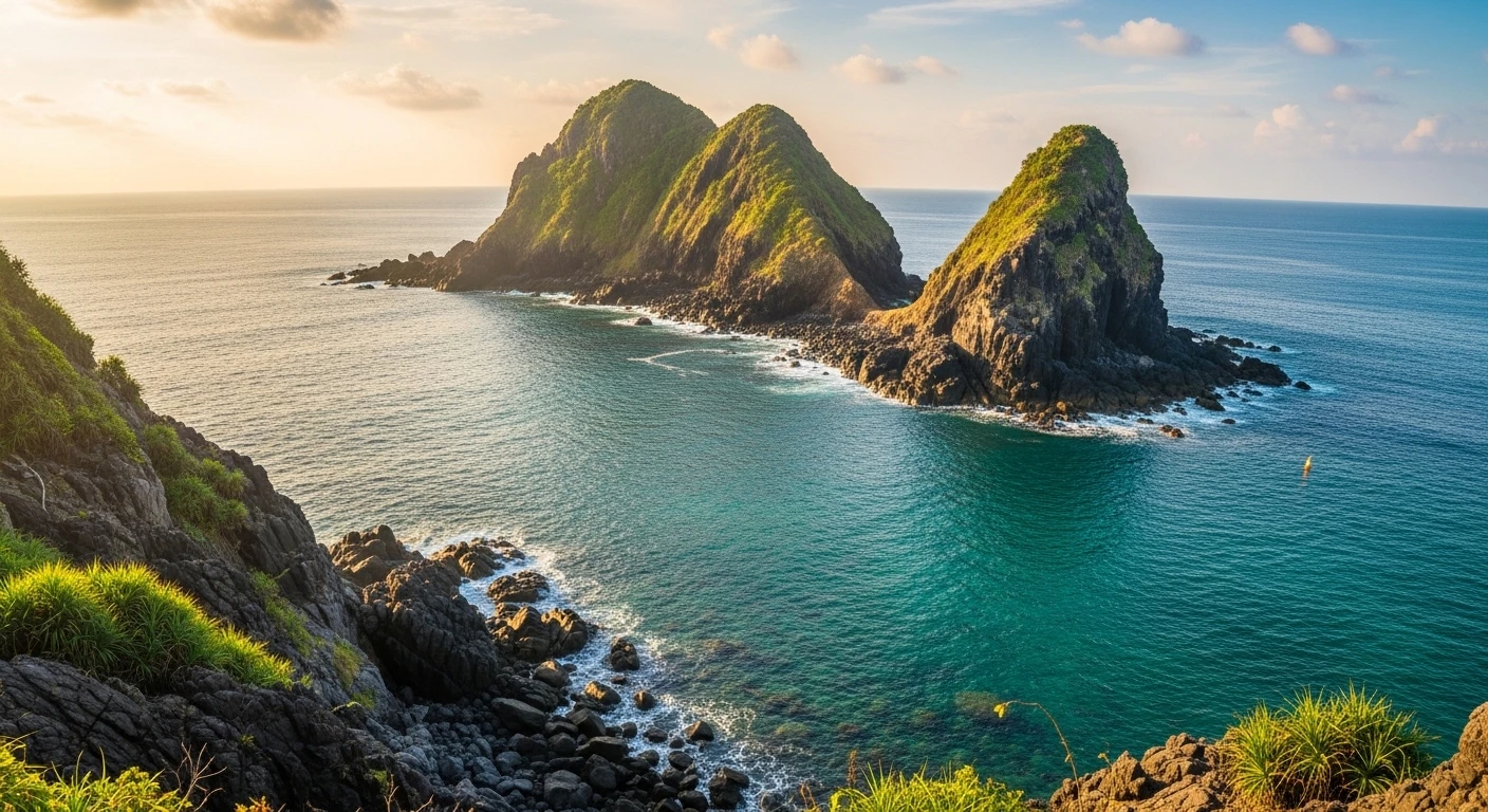 A panoramic view of Phu Quy Island showcasing its rugged coastline and clear blue waters.