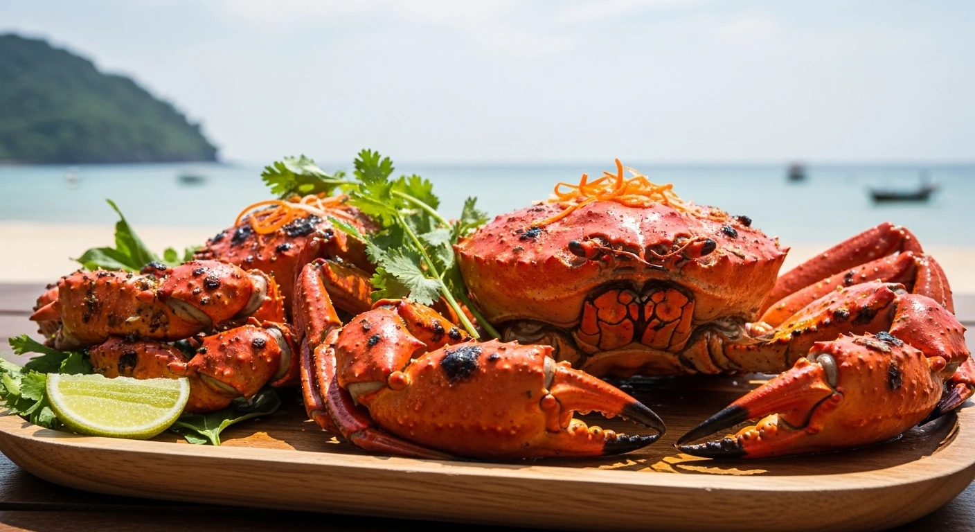 A close-up of freshly caught, bright red Phu Quy King Crab, grilled and garnished.