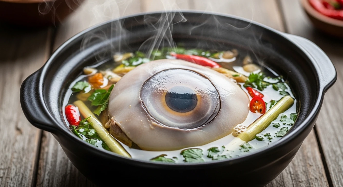 A steaming bowl of giant tuna eye soup with herbs and spices