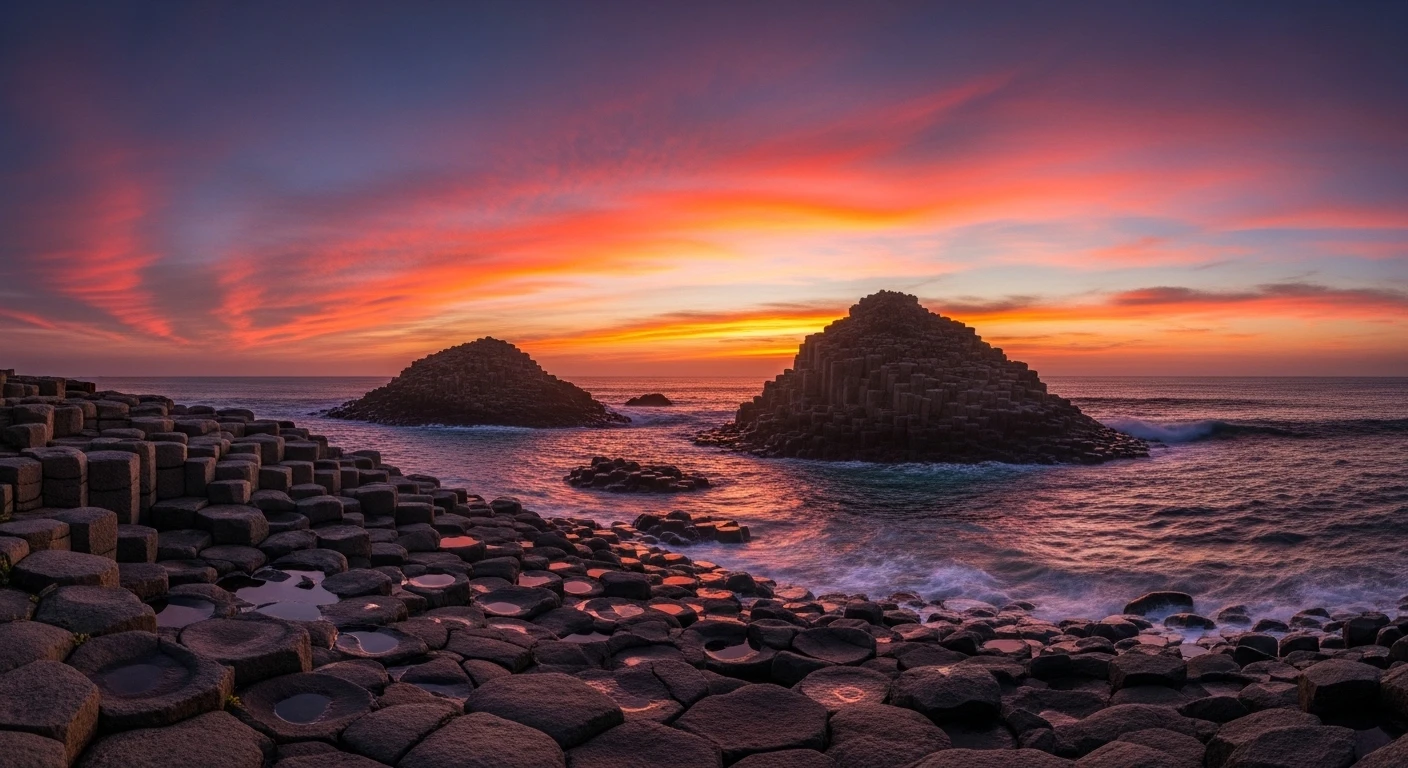A panoramic view of Ganh Da Dia at sunset, with dramatic colors over the basalt columns