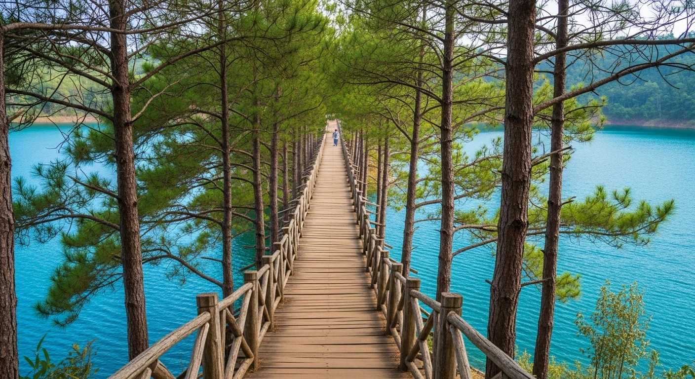 The picturesque pine-fringed bridge extending over Bien Ho (Sea Lake) in Pleiku, Vietnam.