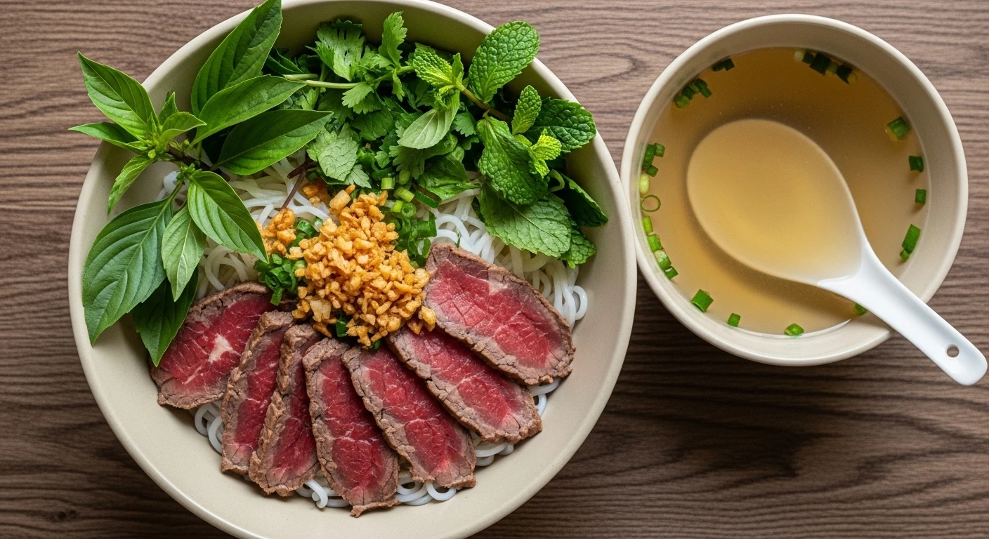 A close-up of a traditional 'two-bowl' dry pho meal in Pleiku, showcasing tender beef, herbs, and noodles.