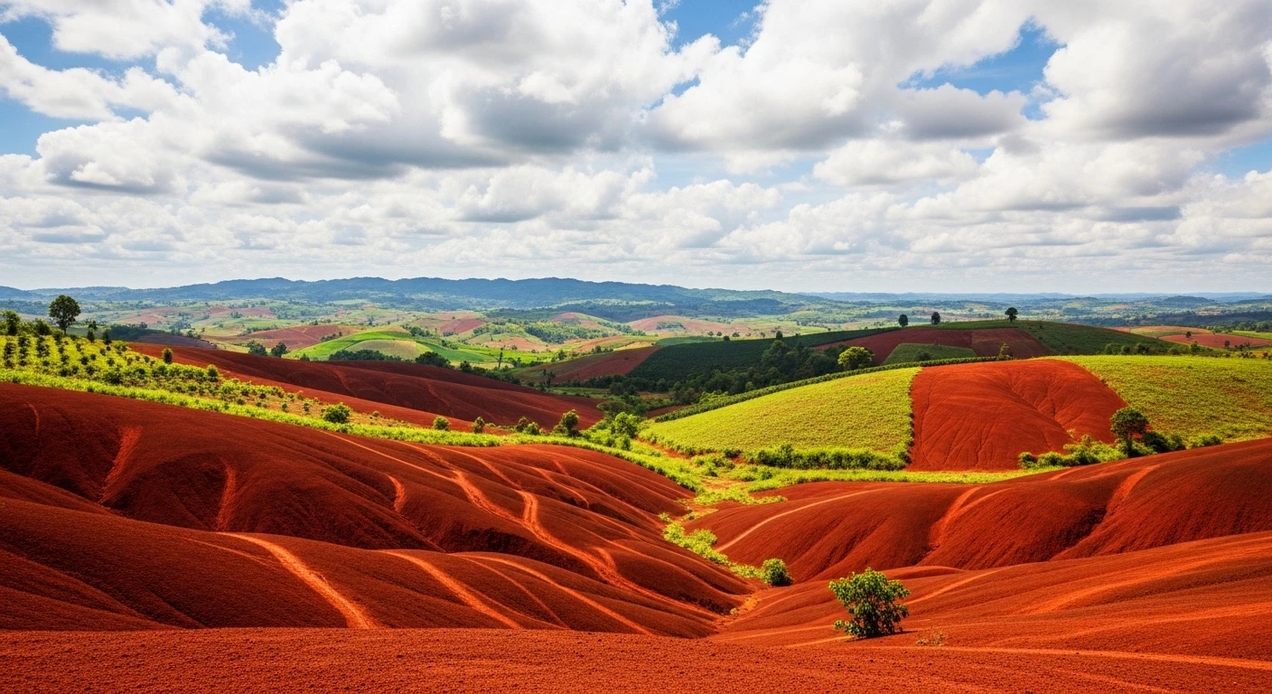 A panoramic view of the rolling hills and red earth typical of Gia Lai province, Vietnam, hinting at volcanic origins.