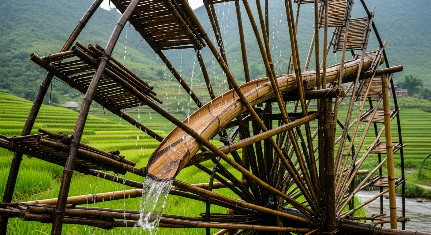 A close-up of a large bamboo water wheel in Pu Luong, showing the intricate construction and the water being lifted to the terraces