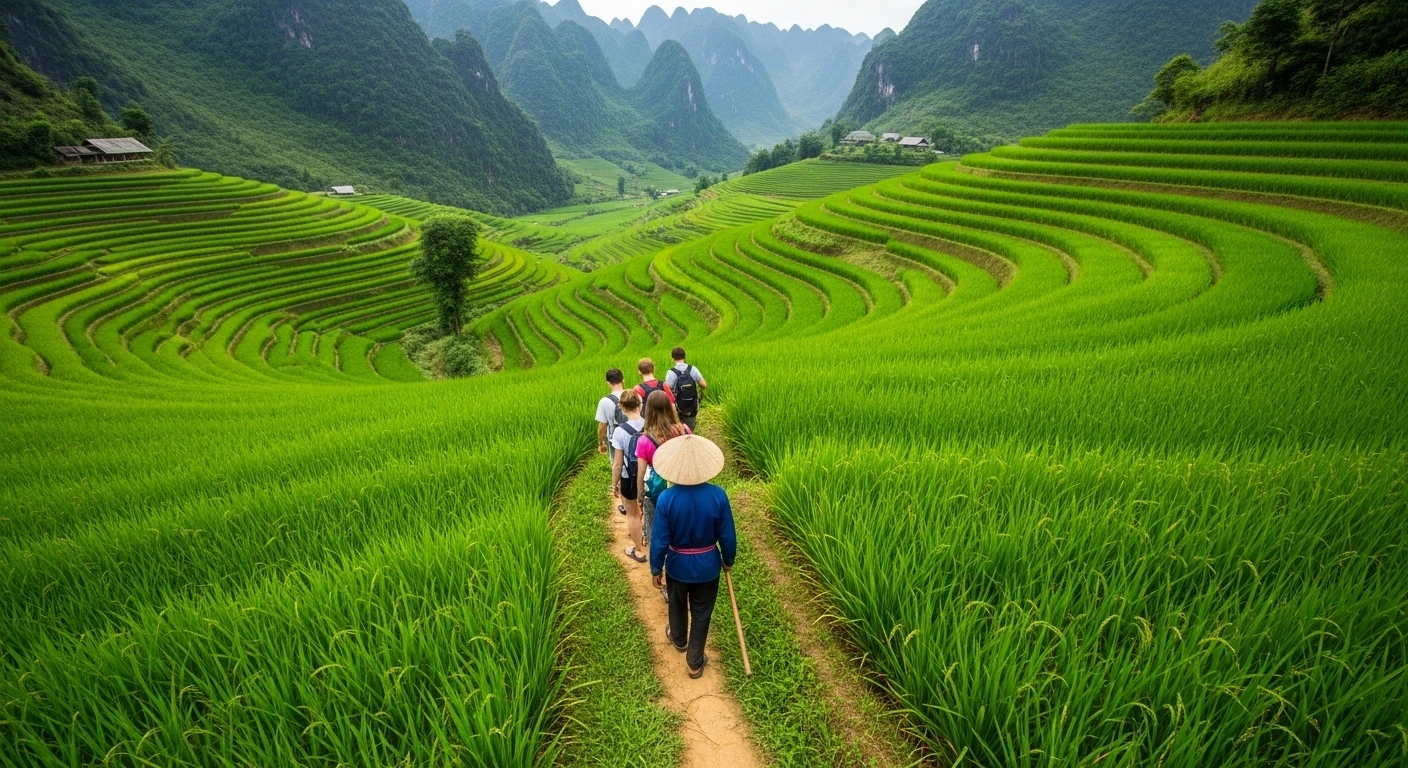 A group of travelers hiking on a narrow path through vibrant green rice terraces in Pu Luong, with a guide leading the way