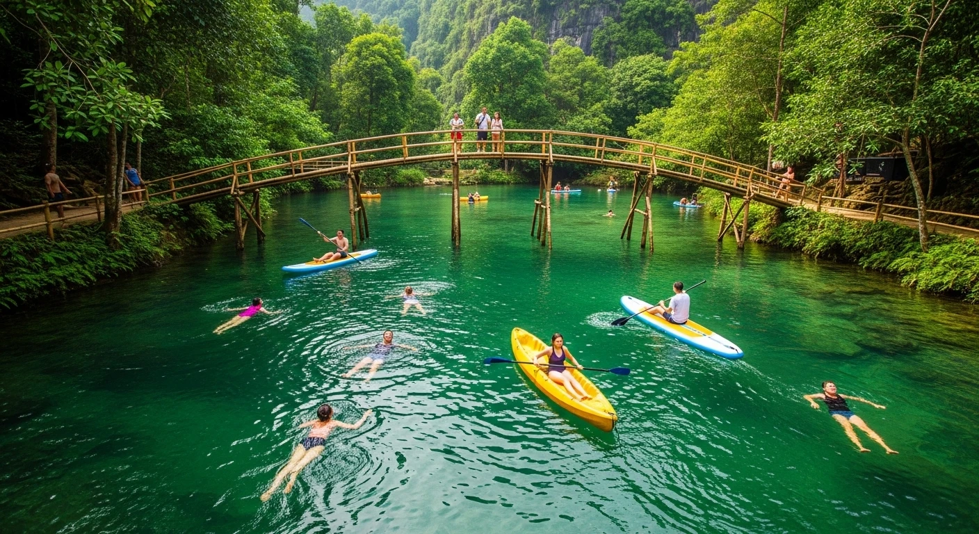 People swimming and kayaking in the turquoise waters of Mooc Spring