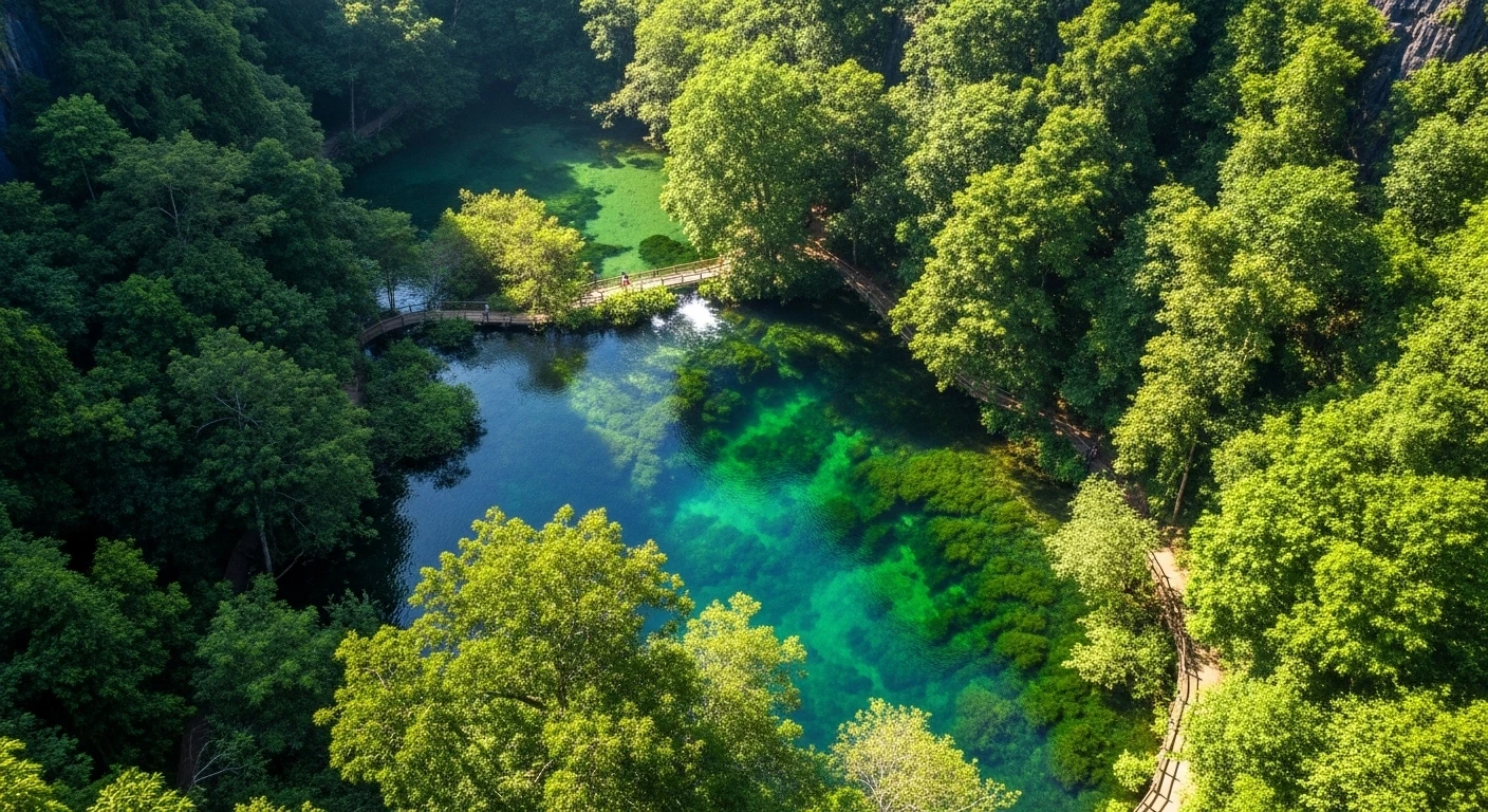 Aerial view of the emerald waters of Mooc Spring surrounded by lush jungle in Quang Binh