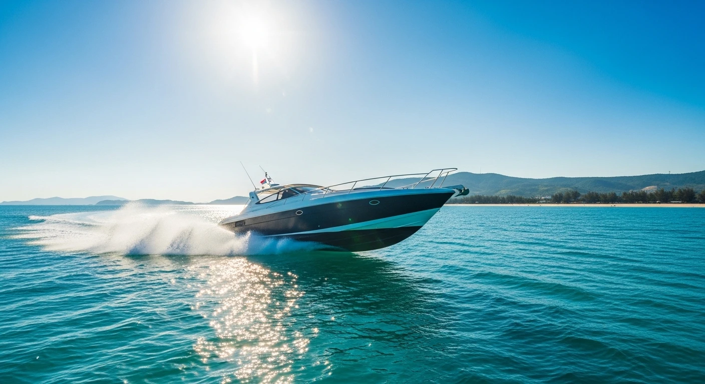 A speedboat cutting through turquoise waters towards Ky Co Beach
