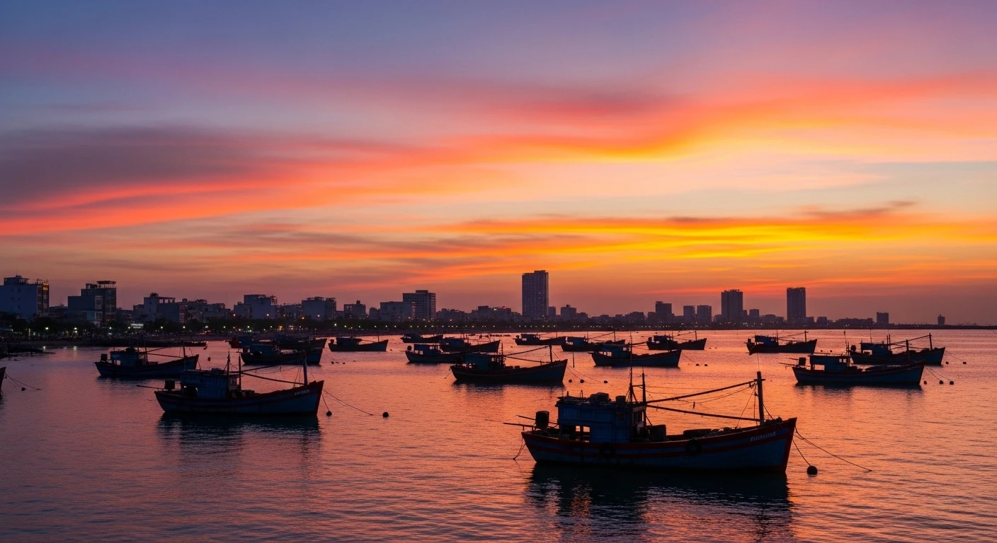 Panoramic view of Rach Gia city skyline at sunset, with fishing boats in the foreground