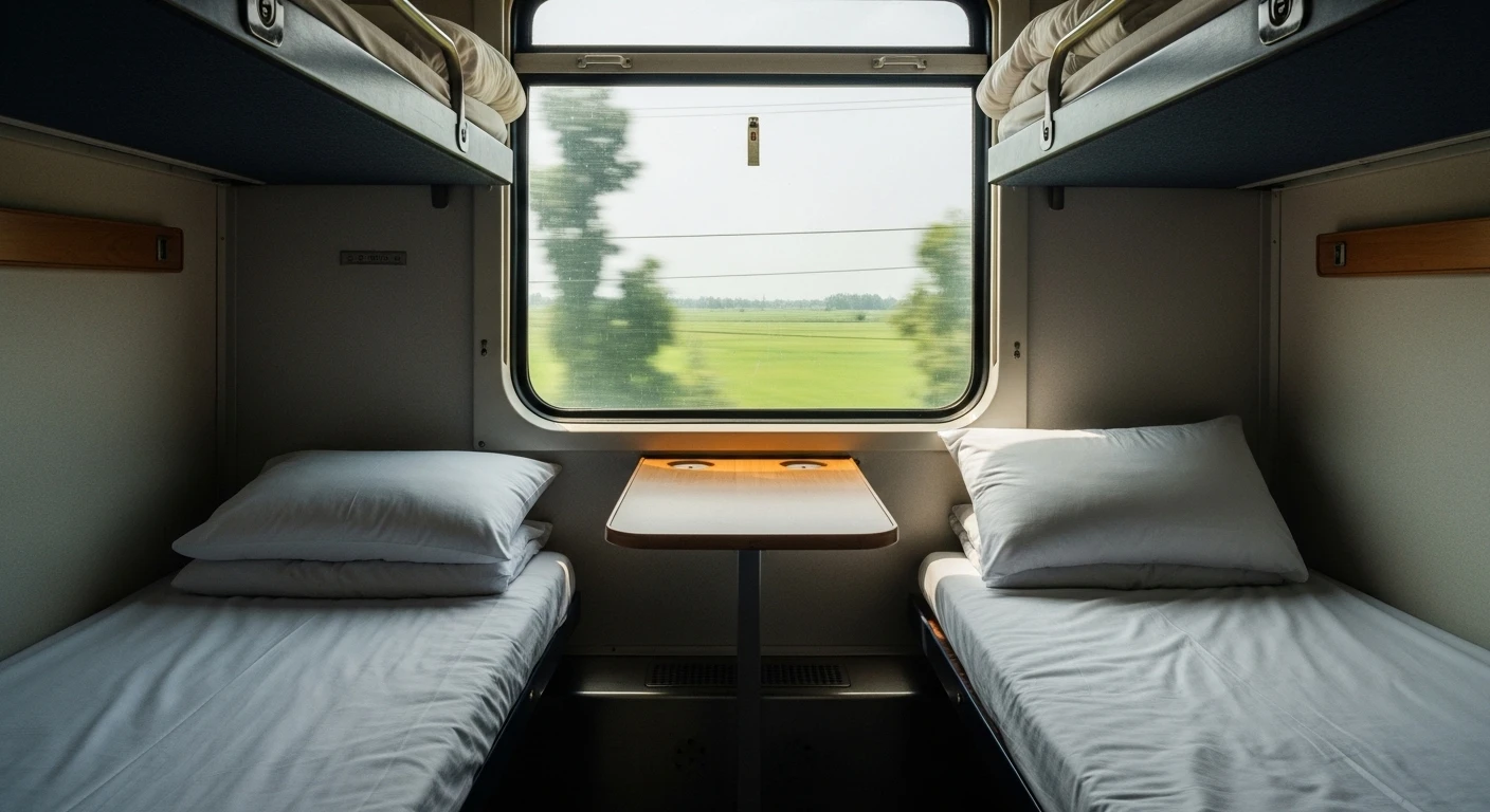 Interior of a soft sleeper cabin on the Reunification Express, showing beds and a small table