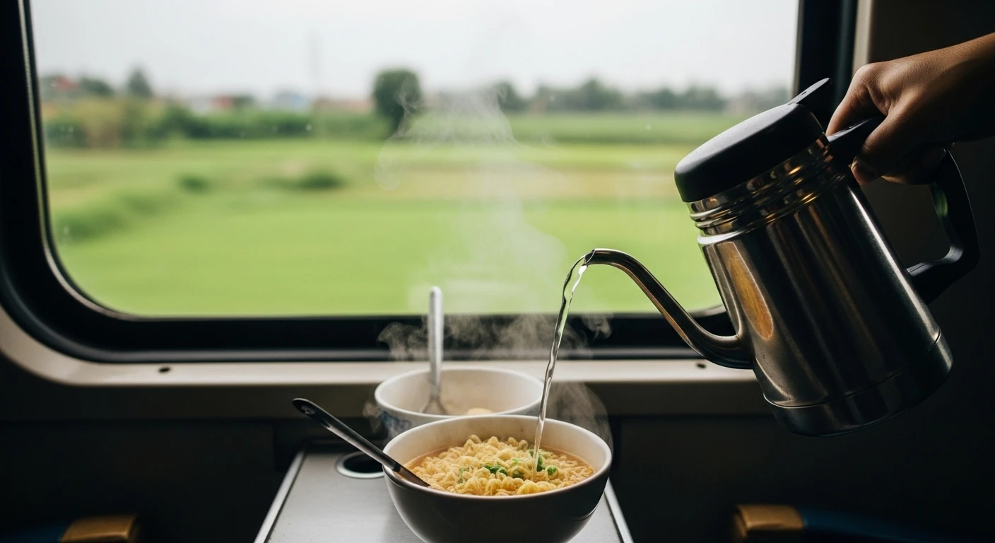 A close-up of a bowl of Vietnamese instant noodles being prepared on a train, with the window showing passing scenery