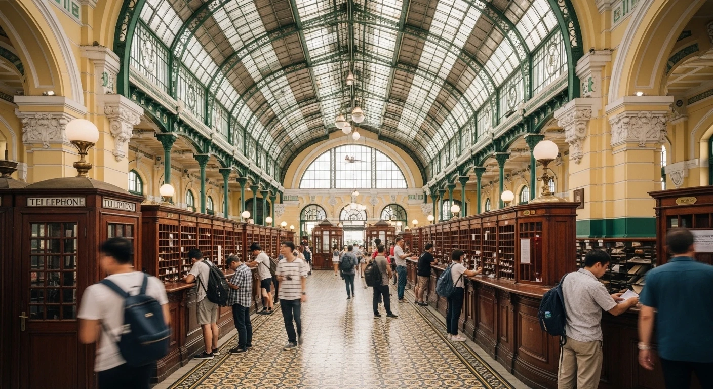 Interior of the Saigon Central Post Office, showing high ceilings, vintage phone booths, and people sending mail.