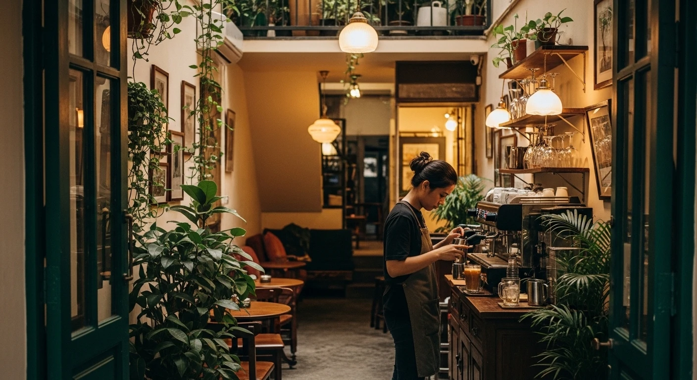 Interior of a cozy Saigon alley cafe with plants, vintage decor, and a barista preparing coffee